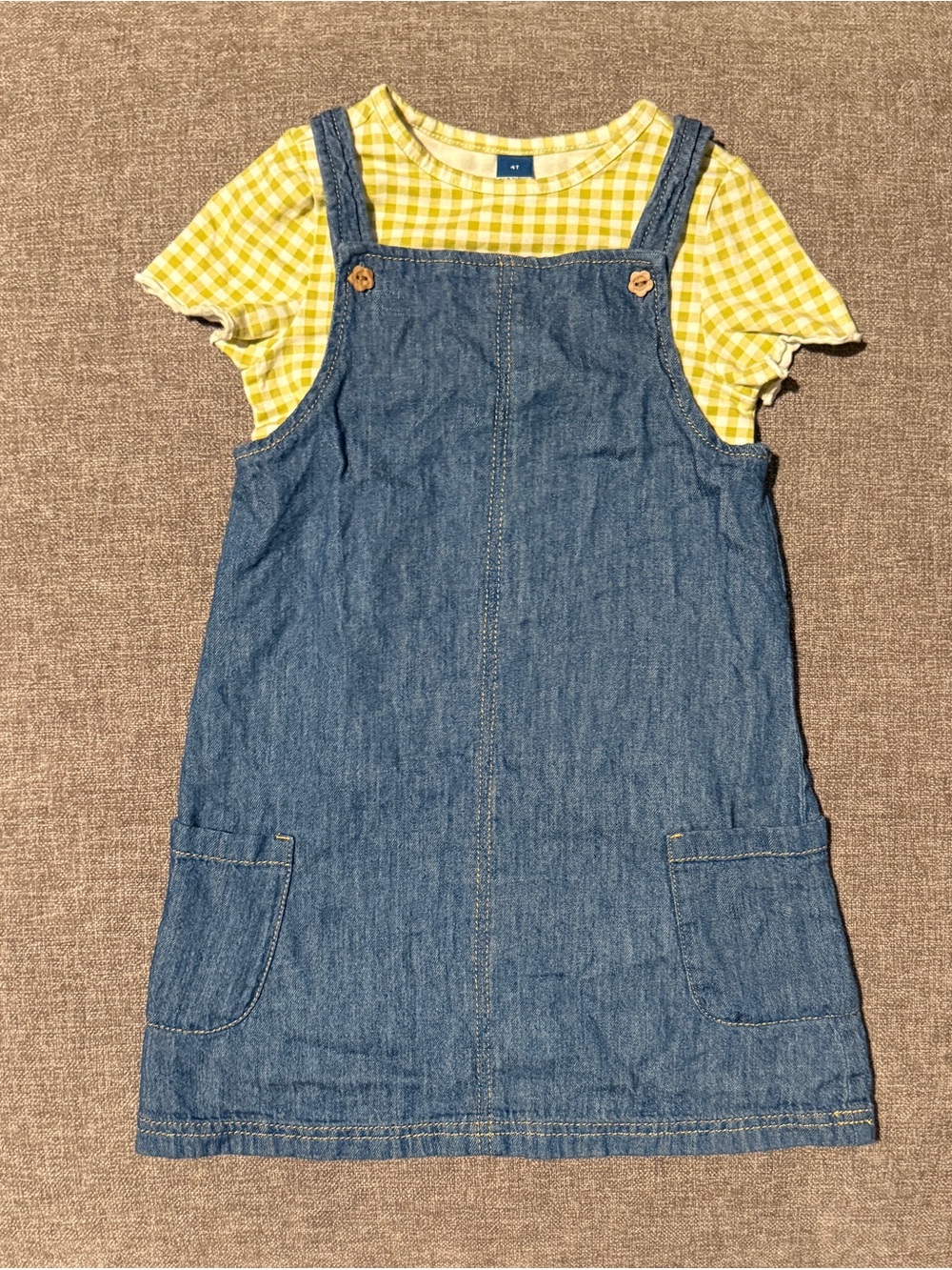 Denim Pinafore Dress with Green Gingham Top Set - 4T